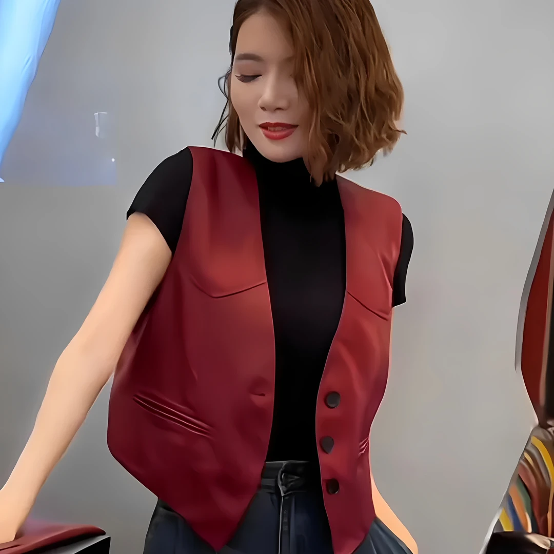 V领单排扣红色无袖马甲背心女春季2026新款韩系时尚通勤短款上衣