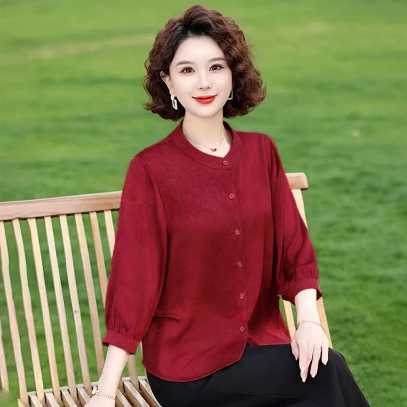 妈妈新款休闲开衫宽松七分袖衬衫中老年时尚高贵洋气遮肚夏季上衣