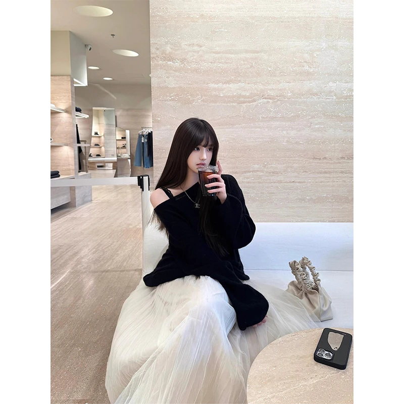 纯欲风性感斜肩长袖上衣女2025新款高腰气质显瘦休闲半身裙两件套