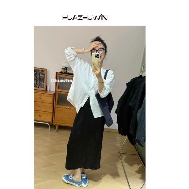 HZ-设计款慵懒风V领100亚麻大版衬衫