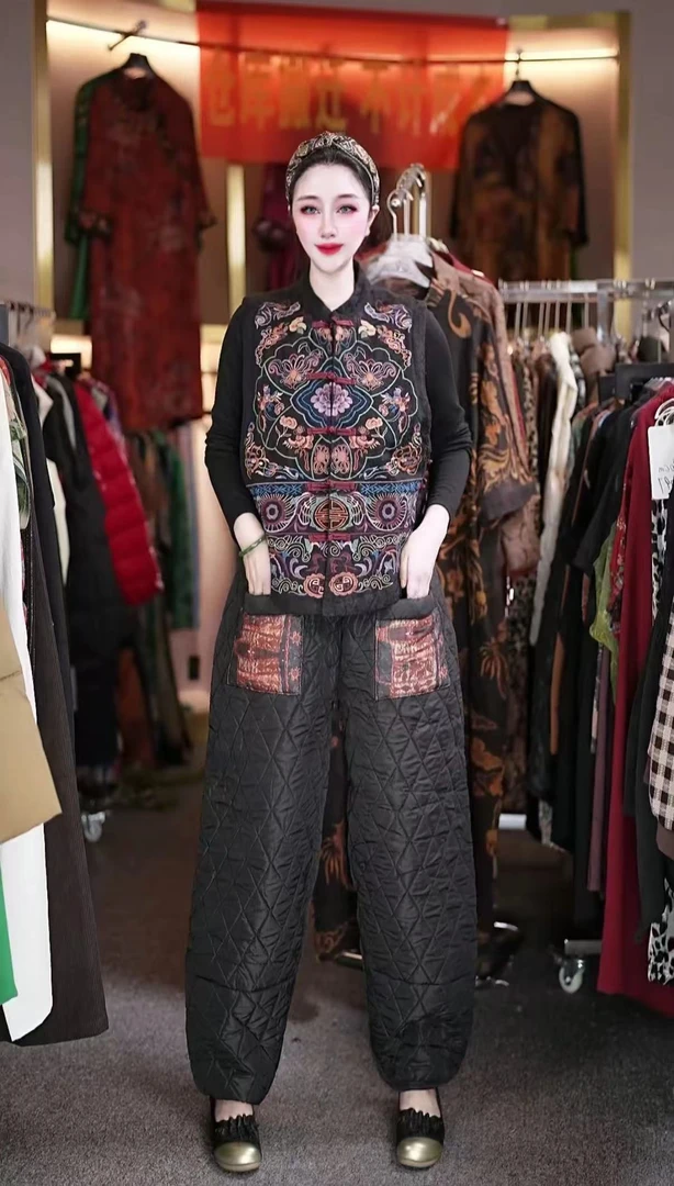 【韩国订单】加绒加厚外贸民族风复古口袋乱花时尚韩版哈伦裤LXQ1