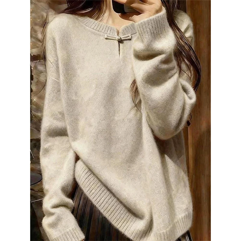 2025简约时尚新中式立领盘扣毛衣女宽松慵懒风针织衫高级感上衣女