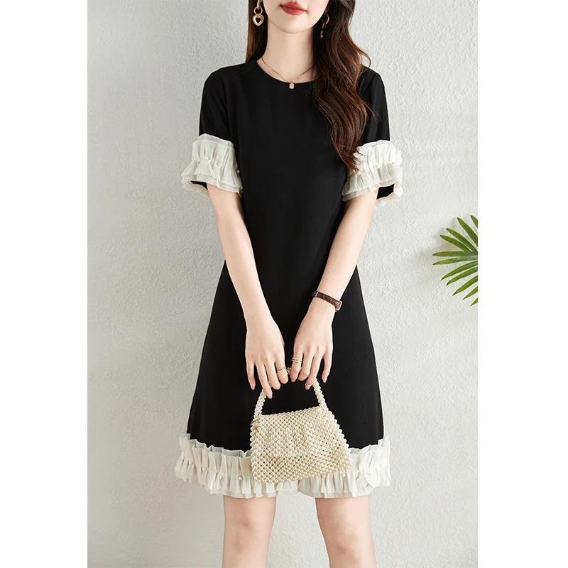 法式撞色小香风连衣裙女夏2025新款拼接设计感优雅气质显瘦a字裙