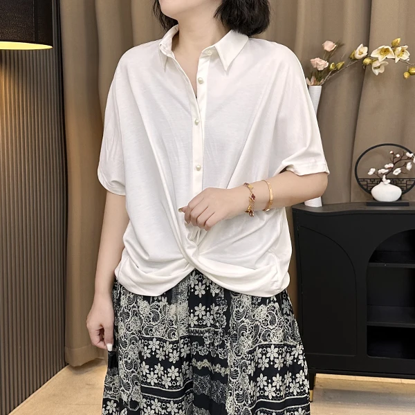 夏季新款薄气质设计感下摆扭结衬衫T恤休闲百搭洋气宽松显瘦上衣