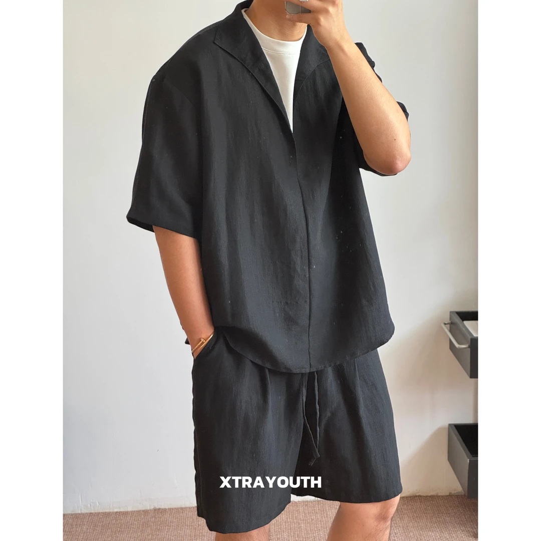察外XY【亚麻天丝套】老钱风亚麻莱赛尔短袖+短裤假男士t恤短袖