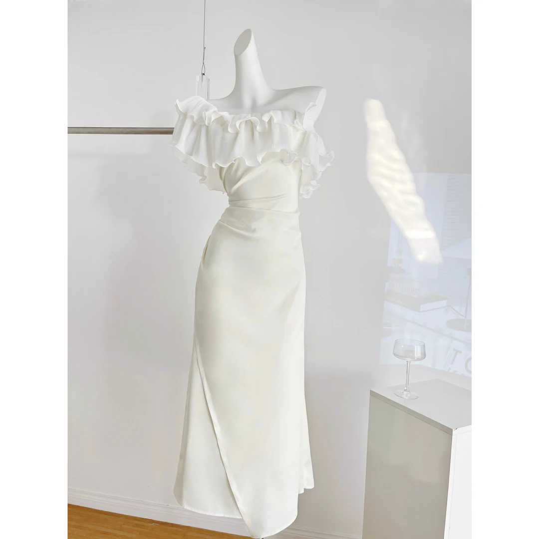 从一时刻呼吸决定纯欲风缎面鱼尾白色连衣裙一裙多穿高级晚礼长裙