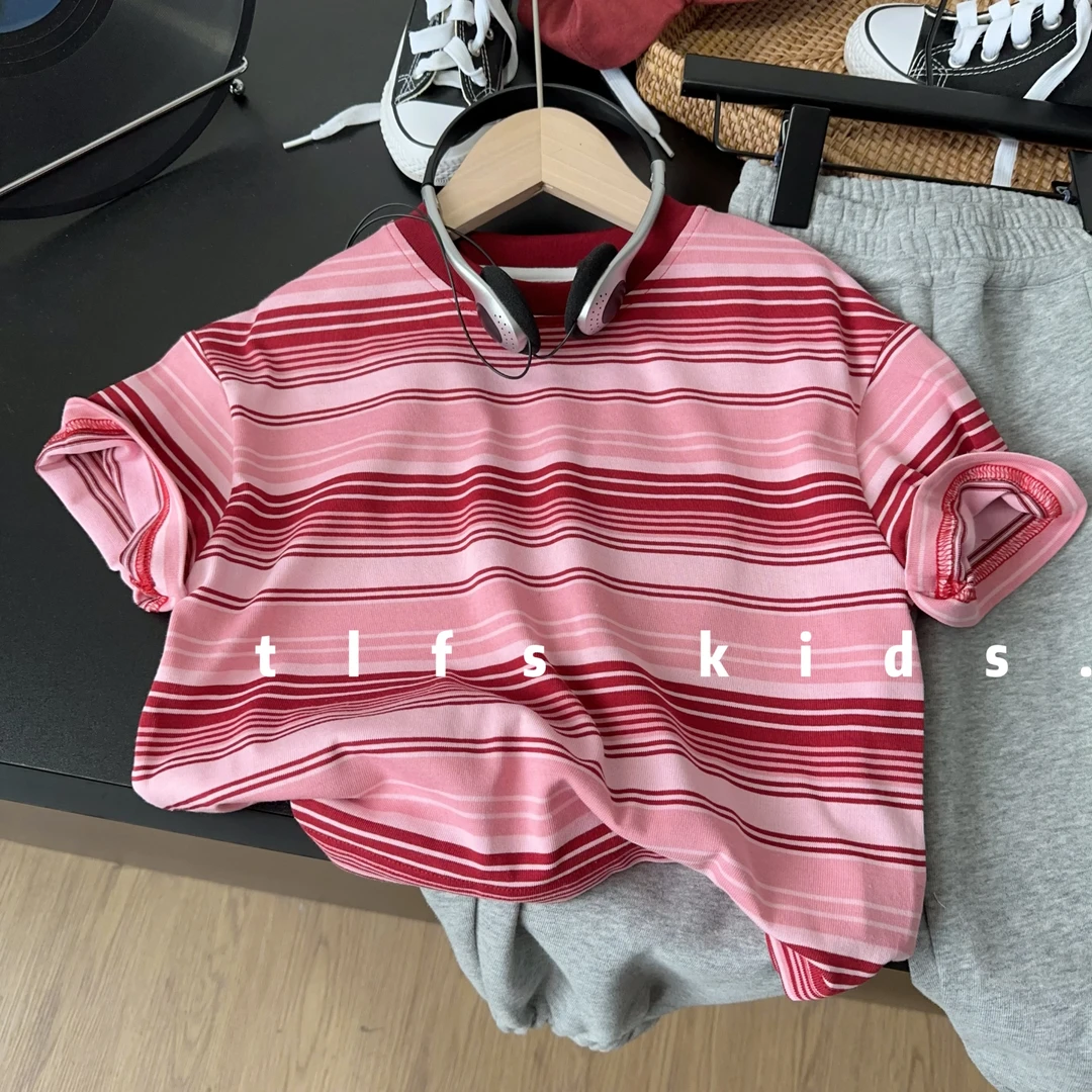 童例「粉色条纹」春夏高弹休闲男童女童百搭长袖T恤宽松简约