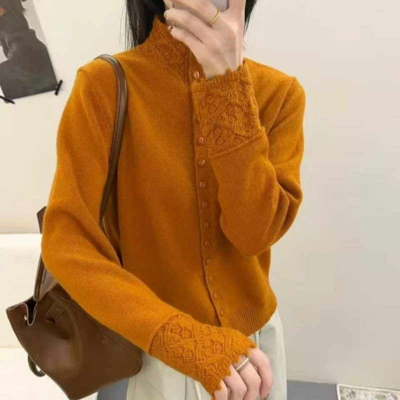 3440镂空钩花秋冬季女时尚开衫毛衣上衣针织衫纯色外套软糯潮