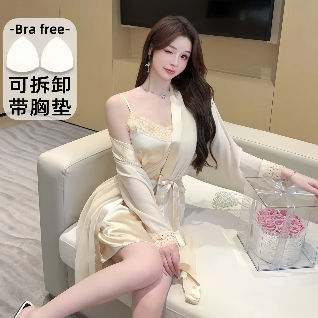 2025夏季冰丝睡裙带胸垫后妈裙新款爆款洋气吊带睡衣女高级设计感