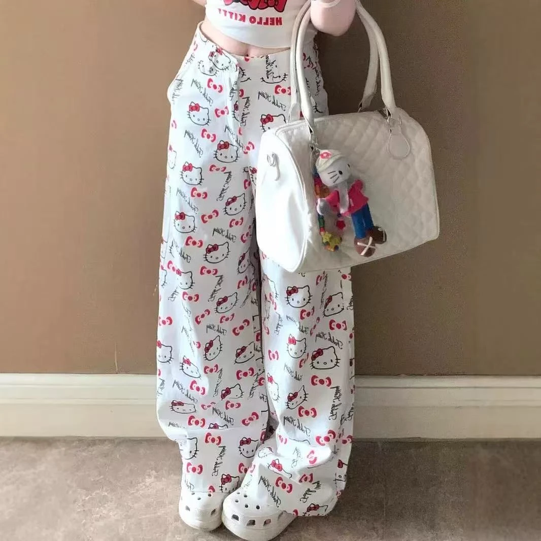 贝贝小姐【可爱猫咪】慵懒风复古卡通牛仔裤白色印花阔腿裤宽松休闲