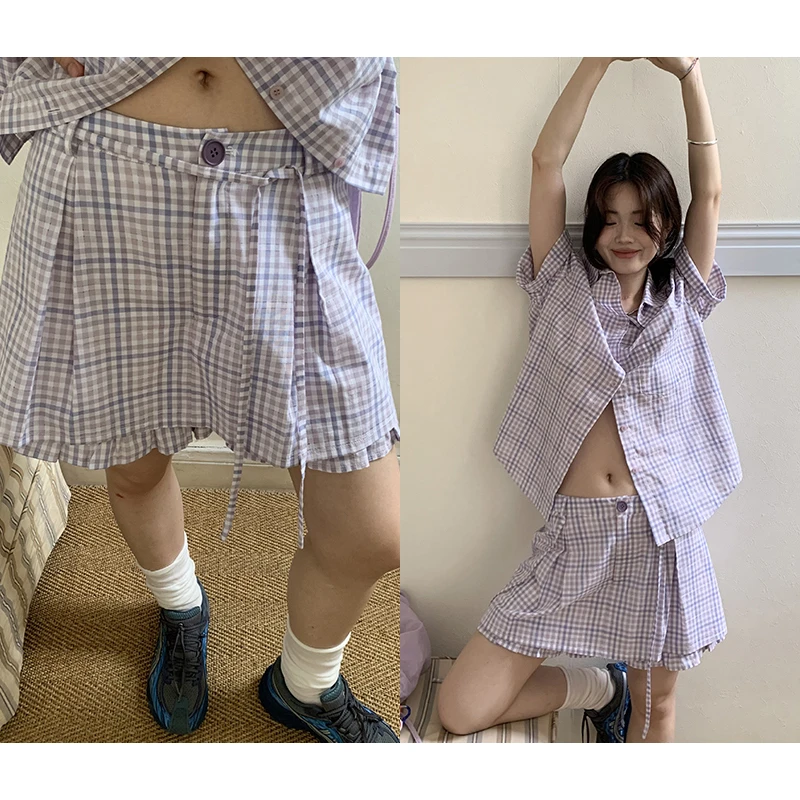 【香香的梨】甜美减龄紫色格子短裙XL1127