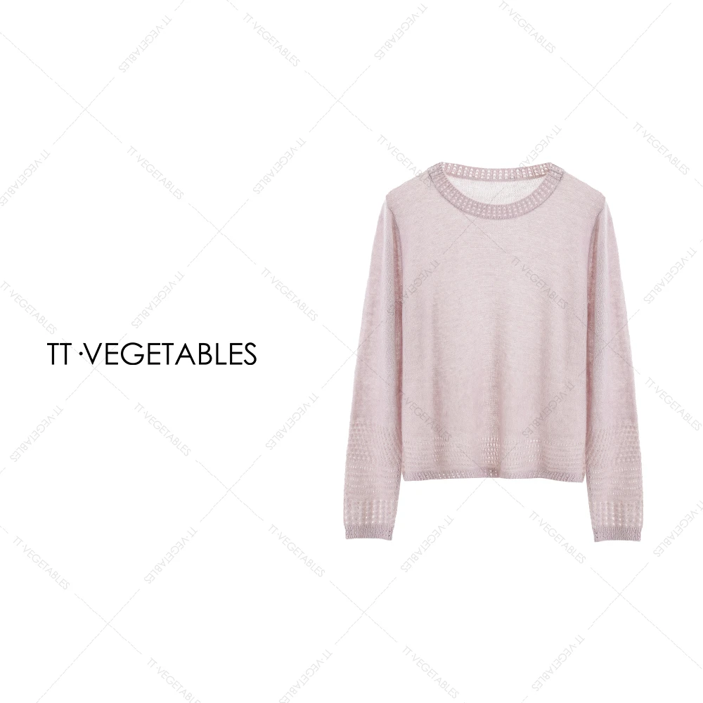 噢芬/小个子【拾秋】桑蚕丝长袖针织衫秋季镂空罩衫羊绒上衣521827