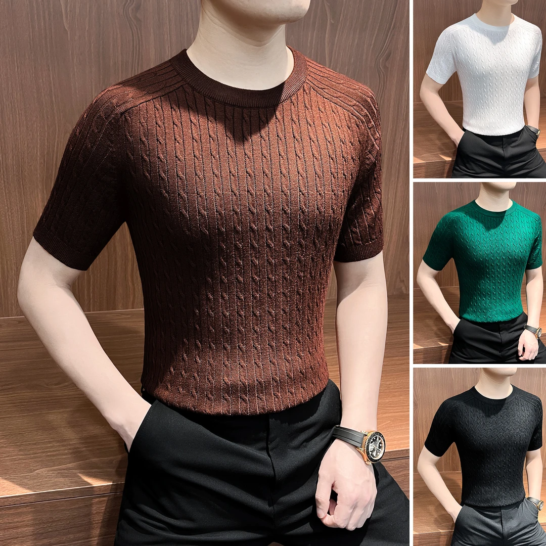 提花条纹短袖t恤男款爆款2025新款痞帅高级感男装针织男士打底衫