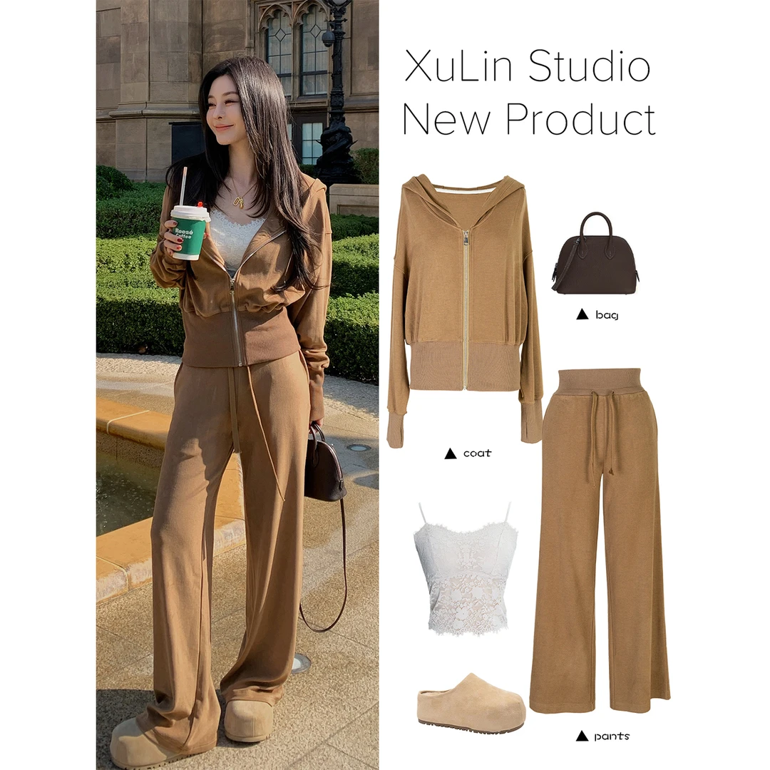 MINI STUDIO徐琳「加州慵懒」收腰款连帽大阔腿运动卫衣套装x240685