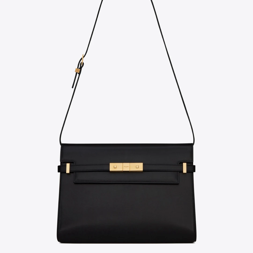 99新 YSL/圣罗兰 ysl黑色光面box皮金扣中号曼哈顿 单肩斜挎包