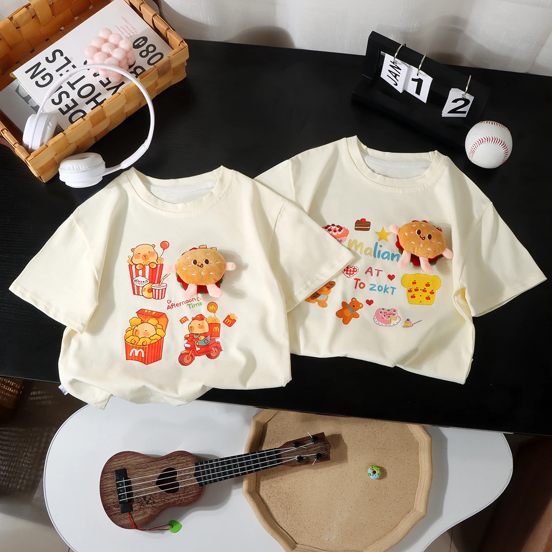 200g纯棉2025新款休闲短袖T恤儿童时尚印花立体玩偶百搭卡通上衣