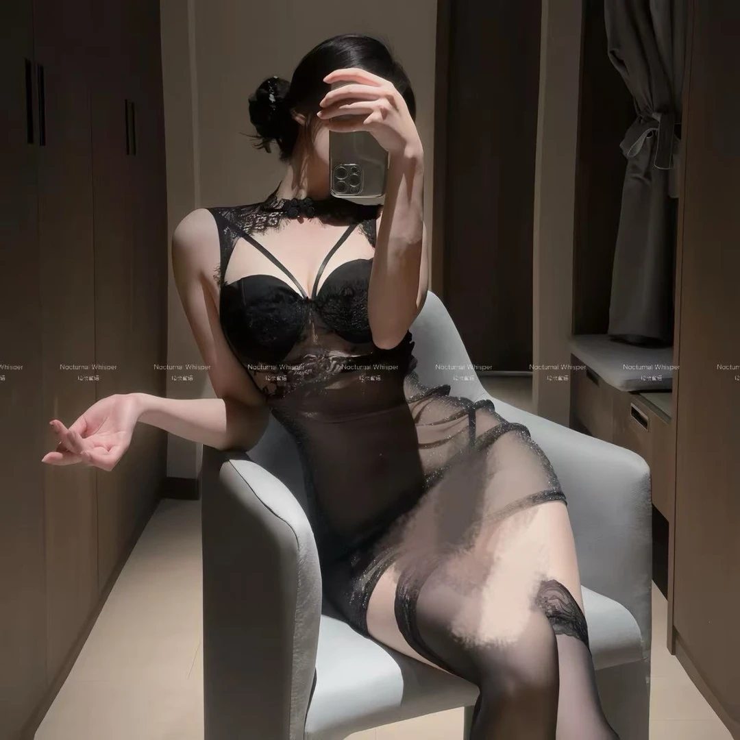 暗夜蜜语【深夜曲谱】复古旗袍改良性感辣妹纯欲亮丝系带包臀睡裙