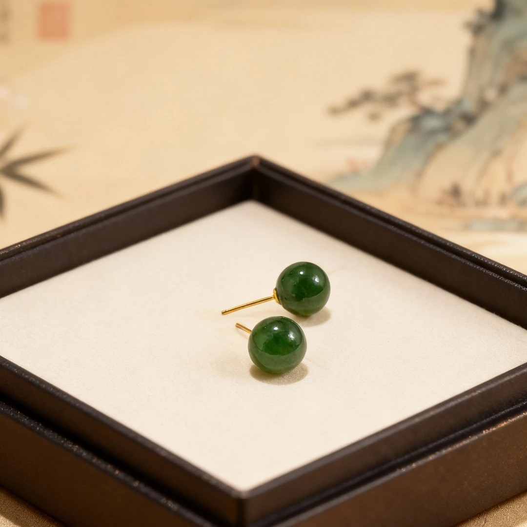 碧玉耳钉925银天然和田玉耳钉