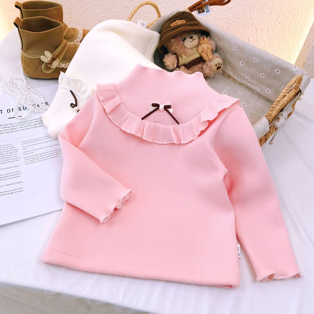 【加绒加厚】女宝秋冬蕾丝花边半高领打底衫内搭保暖上衣YR-R-D45