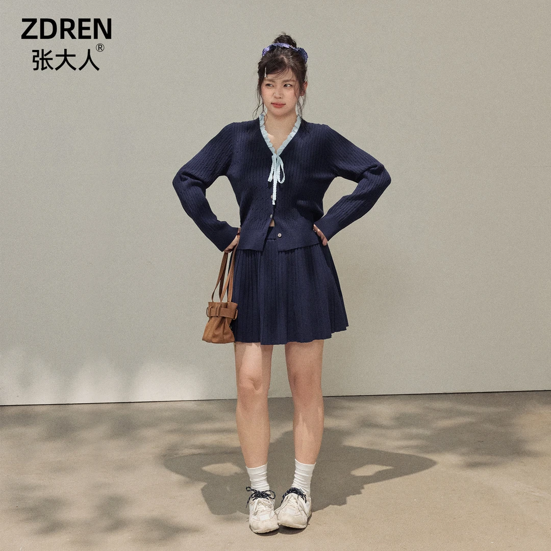 张大人【一日学姐】大码女装微胖妹妹韩系V领蝴蝶结针织上衣半身裙