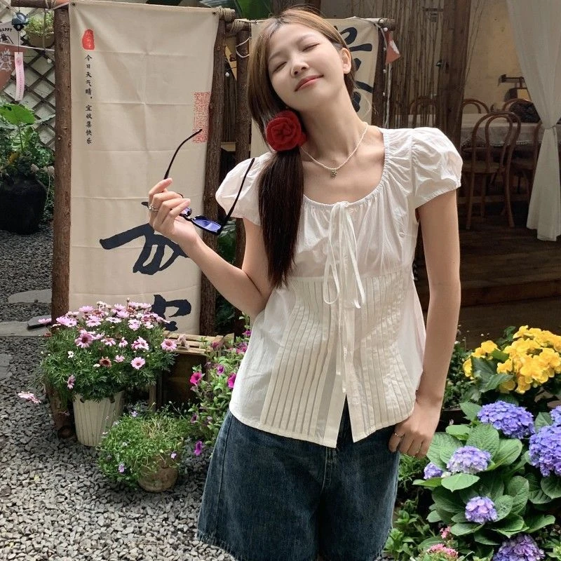 新款系带白色衬衣女百搭韩版收腰拼接甜美衬衫单排扣显瘦上衣学生