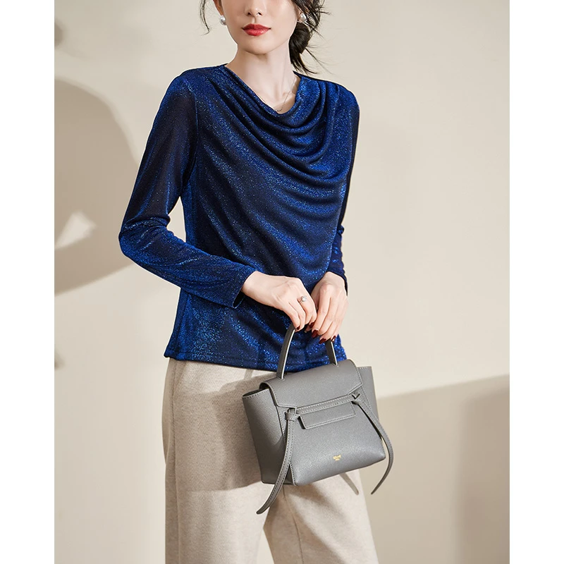 安那俪惟轻奢气质女高级感2024秋新款打底蓝色百搭上衣#DSY17370