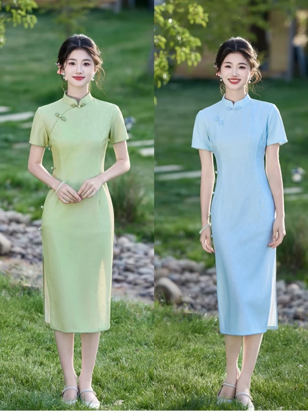 云【傾心】中国风少女日常提花气质优雅修身显瘦中长款旗袍长110