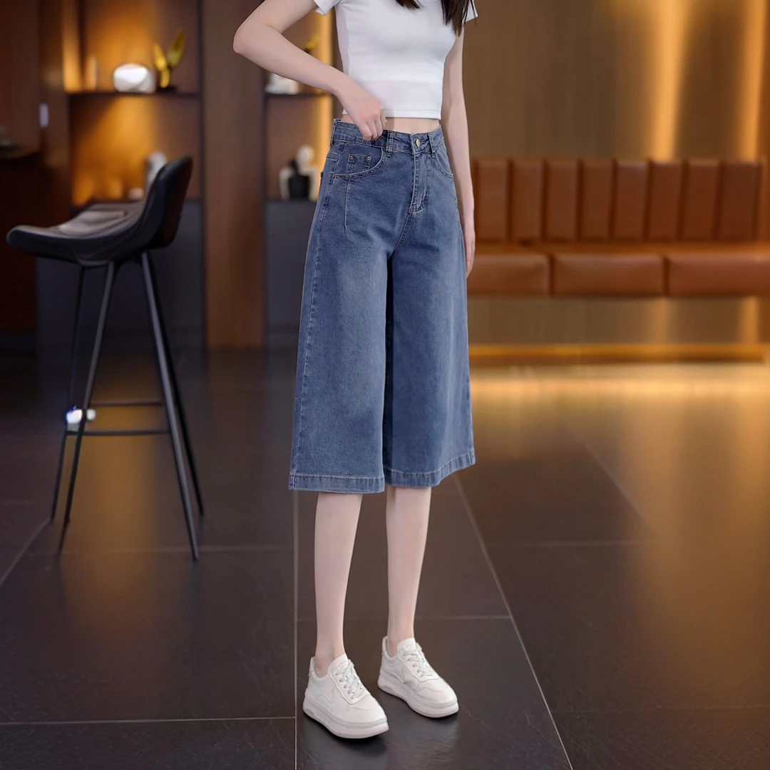 2025新款宽松七分裙裤百搭显瘦牛仔阔腿裤夏薄款中分高腰牛仔裤女