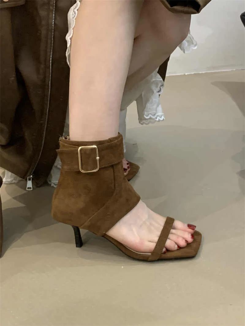 MDH-A9918-2细跟凉靴女小仙女欧美风2025绒面露趾皮带扣高跟凉靴