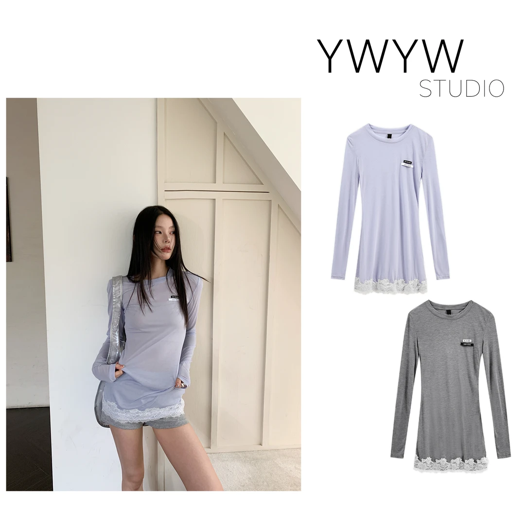 【YWYW25S/S】夏季百搭圆领纯色长袖拼接蕾丝花边加长罩衫T恤5117