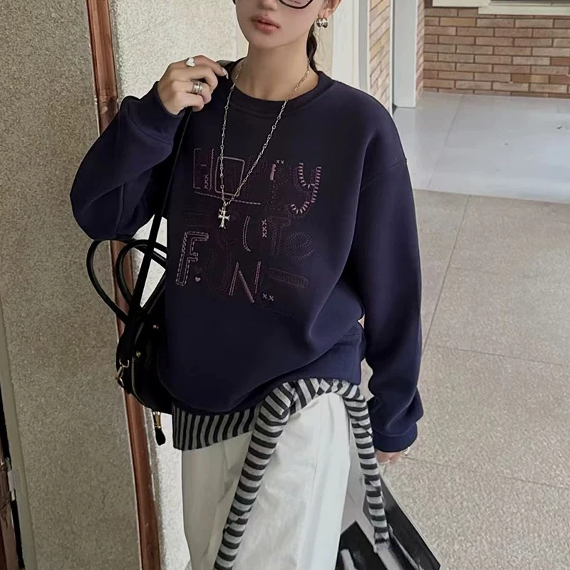 休闲卫衣新款字母刺绣加绒加厚宽松圆领上衣0251