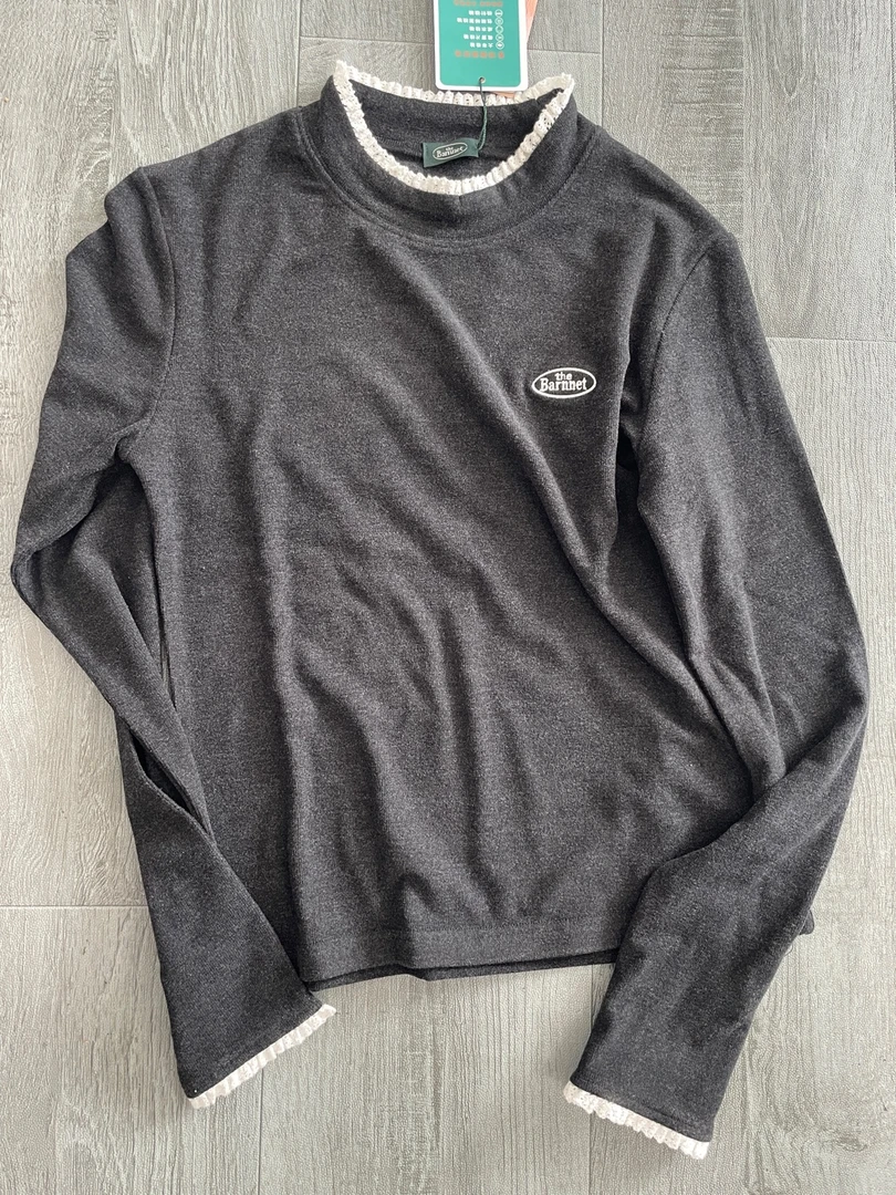 YD-韩系！圆标刺绣花边领打底25秋冬新款修身款长袖T恤女