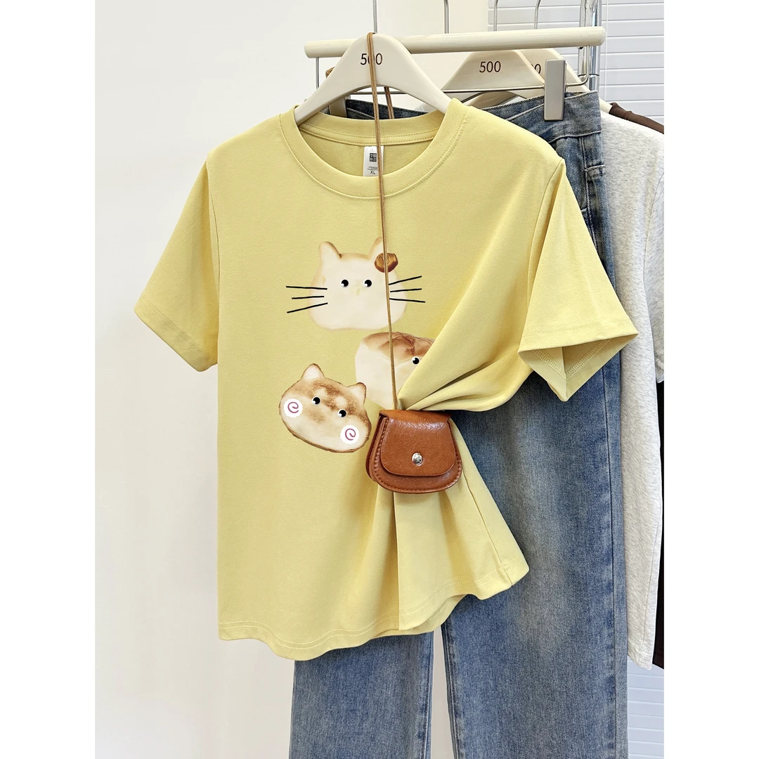 韩版趣味面包小猫印花正肩短袖T恤女夏季大码胖MM遮肉圆领上衣潮