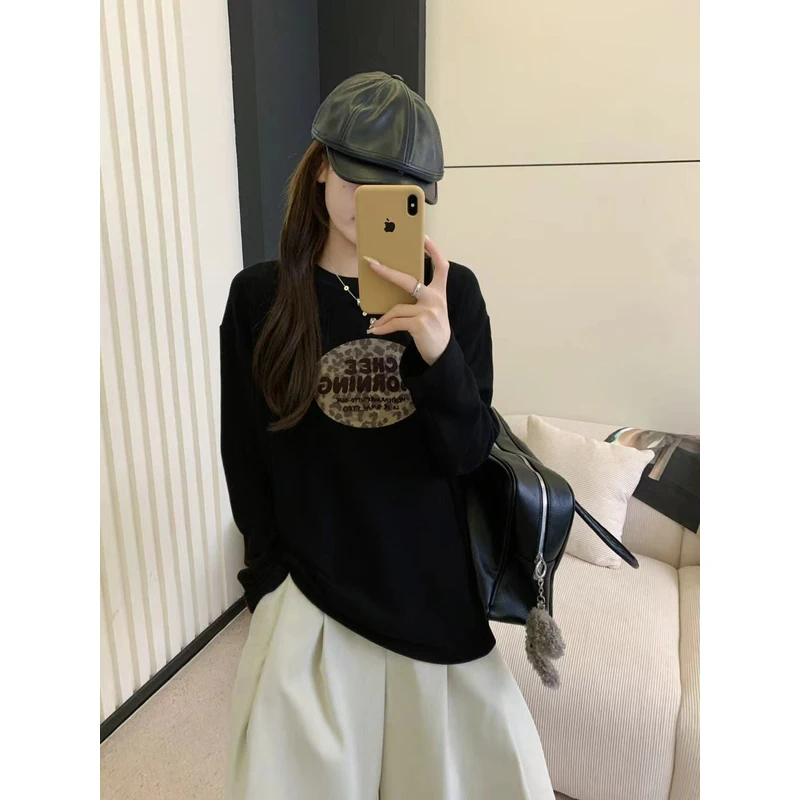 0256【冬季新款】胸前圆圈豹纹字母宽松百搭圆领T恤（9525）