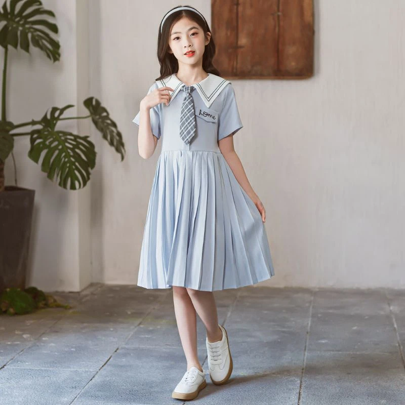 小清新学院风女童女韩版显瘦连衣纯色夏季jk女童学院风连衣裙裙子