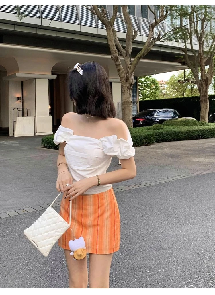 不冷BULENG 重工泡泡袖一字肩T恤女高级感修身露肩上衣