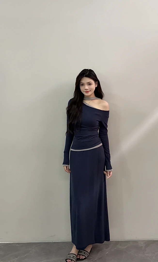 【苏苏】秋季气质斜肩撞色长袖修身显瘦设计感撞色半裙套装DT1519