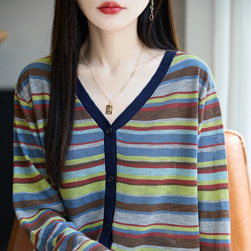 品牌撤柜正品秋季新款撞色条纹V领针织衫女薄款竹节麻长袖上衣