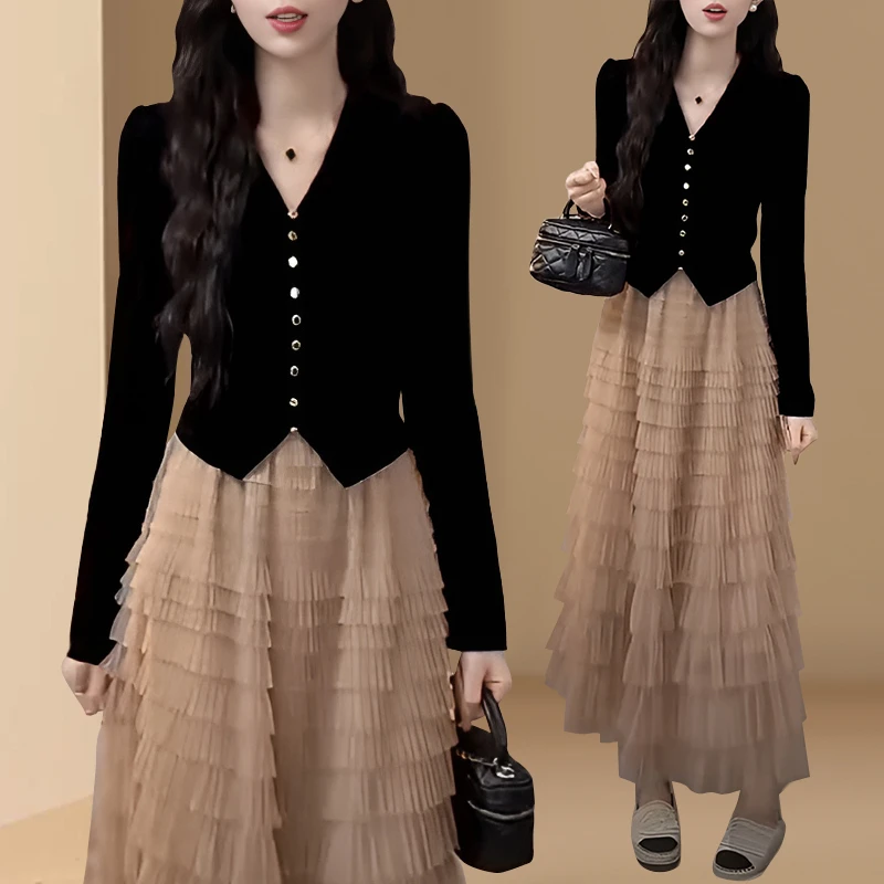 小香风时尚套装女修身显瘦气质V领丝绒长袖网纱蛋糕半身裙两件套