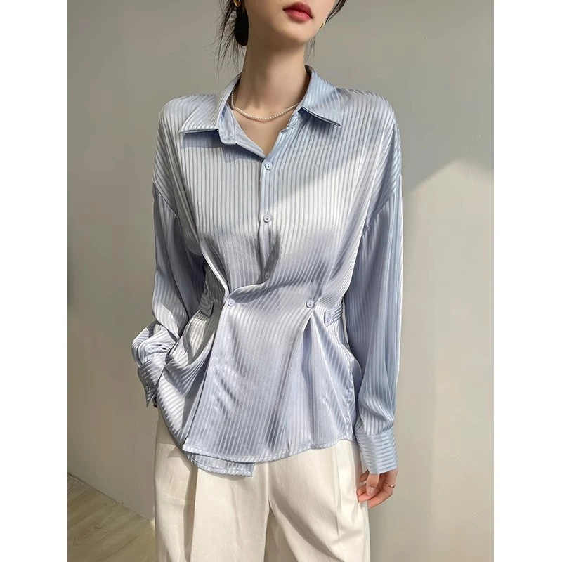 蓝色条纹Polo领衬衫女春季2025年新款休闲衬衣高级感收腰长袖上衣