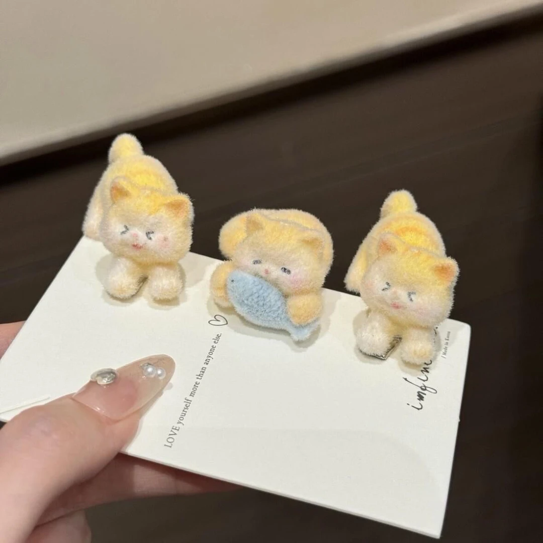 可爱小猫吃鱼发夹植绒可爱少女心侧边刘海夹鸭嘴夹卡通发饰女爆款