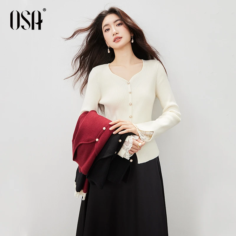 OSA/欧莎 秋季新品纯色外穿针织衫女小香风显瘦上衣S125C16034