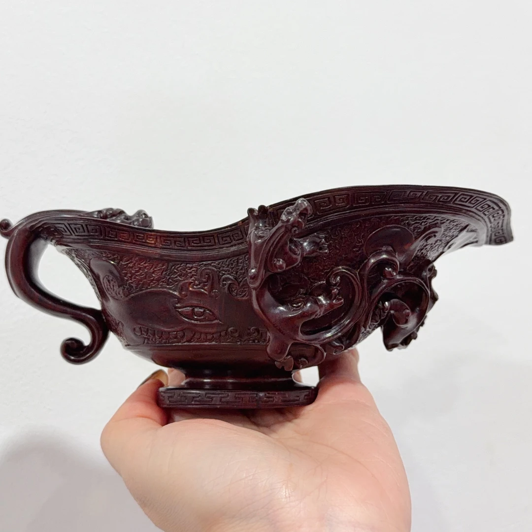 【伟伟鉴定】小叶紫檀 老料 精工雕刻 螭龙 杯 18×11×8 摆件