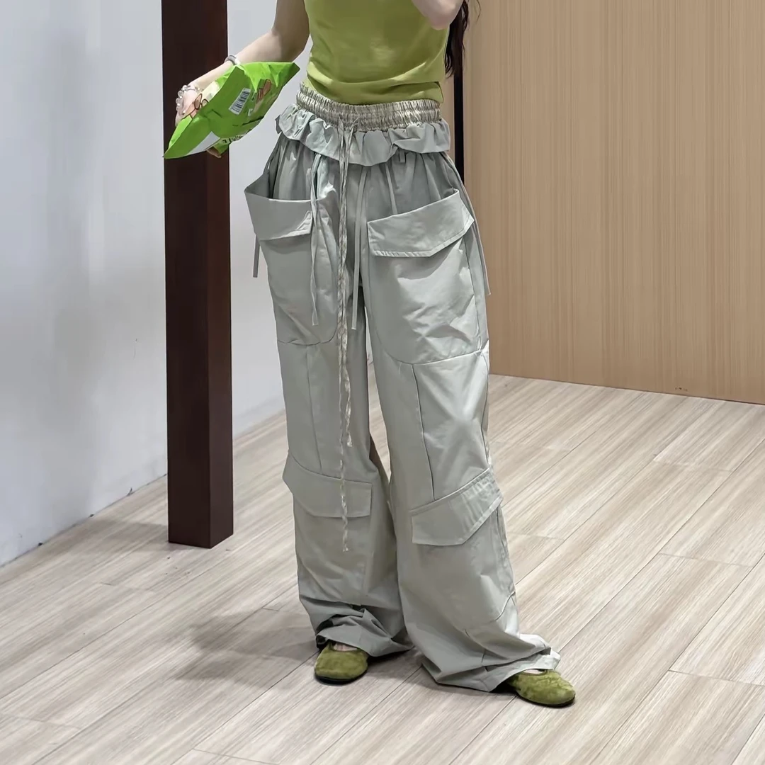 花边工装裤～夏季新款美式辣妹格子拼接双腰头设计感阔腿工装长裤