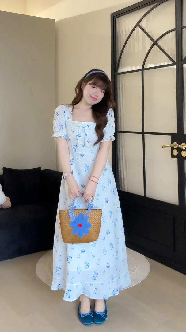 米米子定制长裙印花方领法式高腰连衣裙方领气质长款泡泡袖