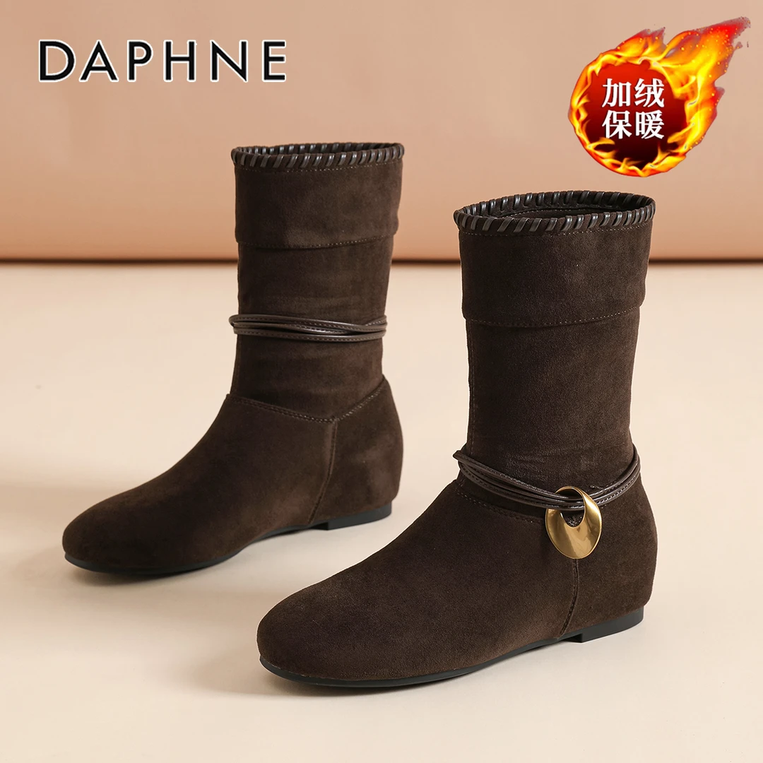 达芙妮靴子女款配裙子时尚单靴冬季加绒保暖短靴美拉德复古中筒靴