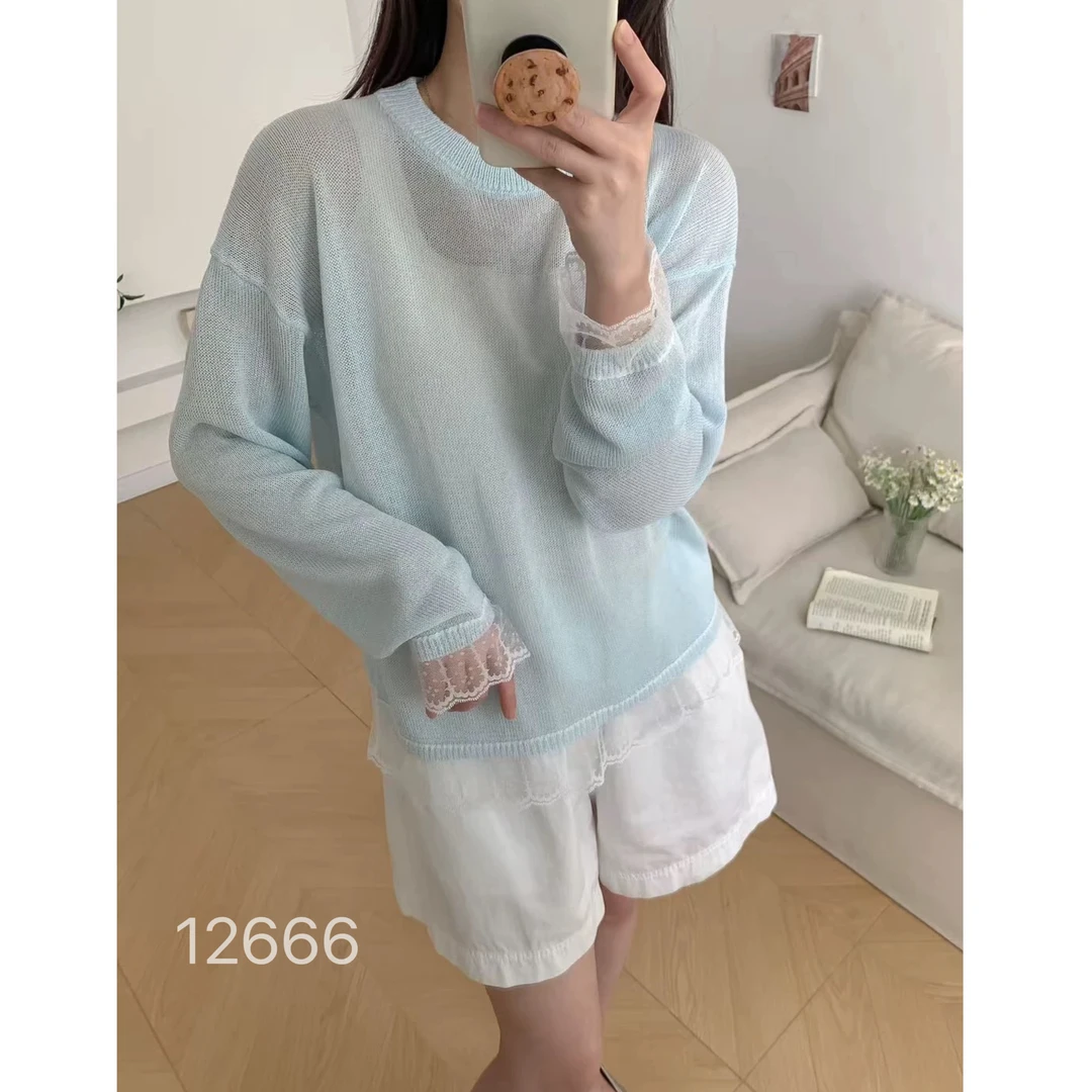 12666（部分无水洗唛，介意慎拍）SANFAN新款白色蕾丝花边圆领打底衫