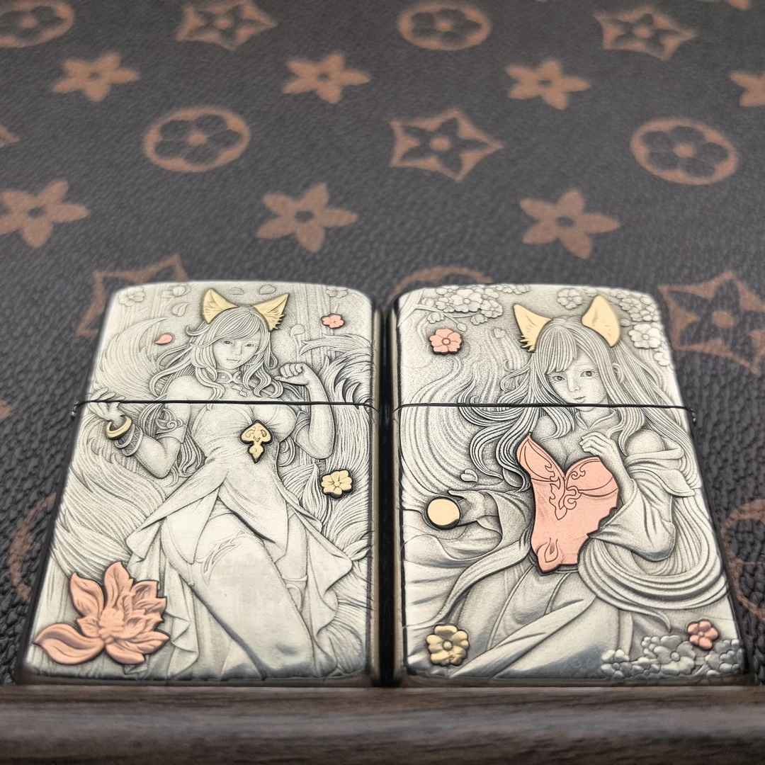 2代902S盔甲(九尾狐女)浮雕镶嵌高档煤油打火机[欣琪工作室]