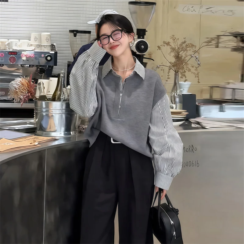 氛围感春季假两件衬衫2025休闲时髦条纹百搭女装个性慵懒流行上衣