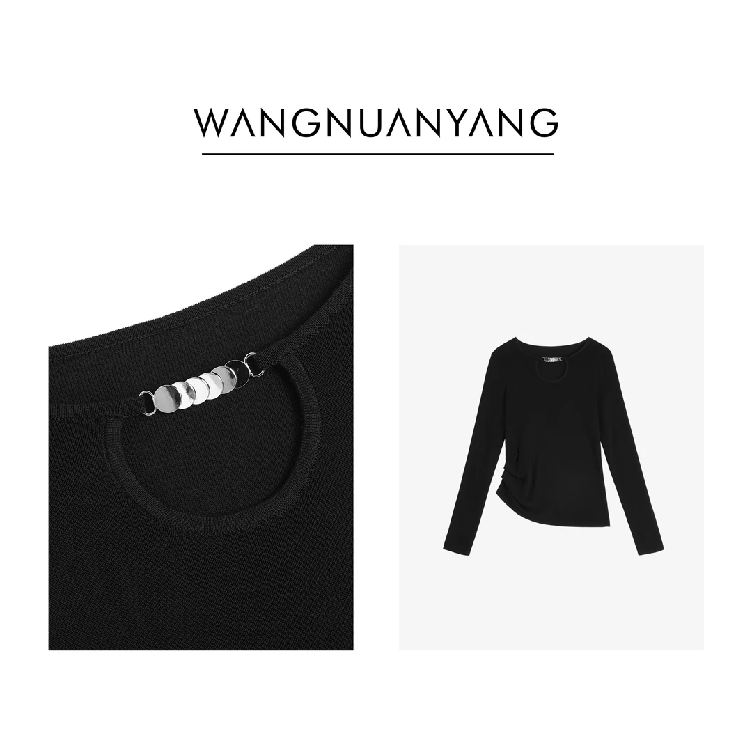 【WNY】胶囊系列｜半圆镂空领口腰间捏褶收腰显瘦金银配饰针织衫